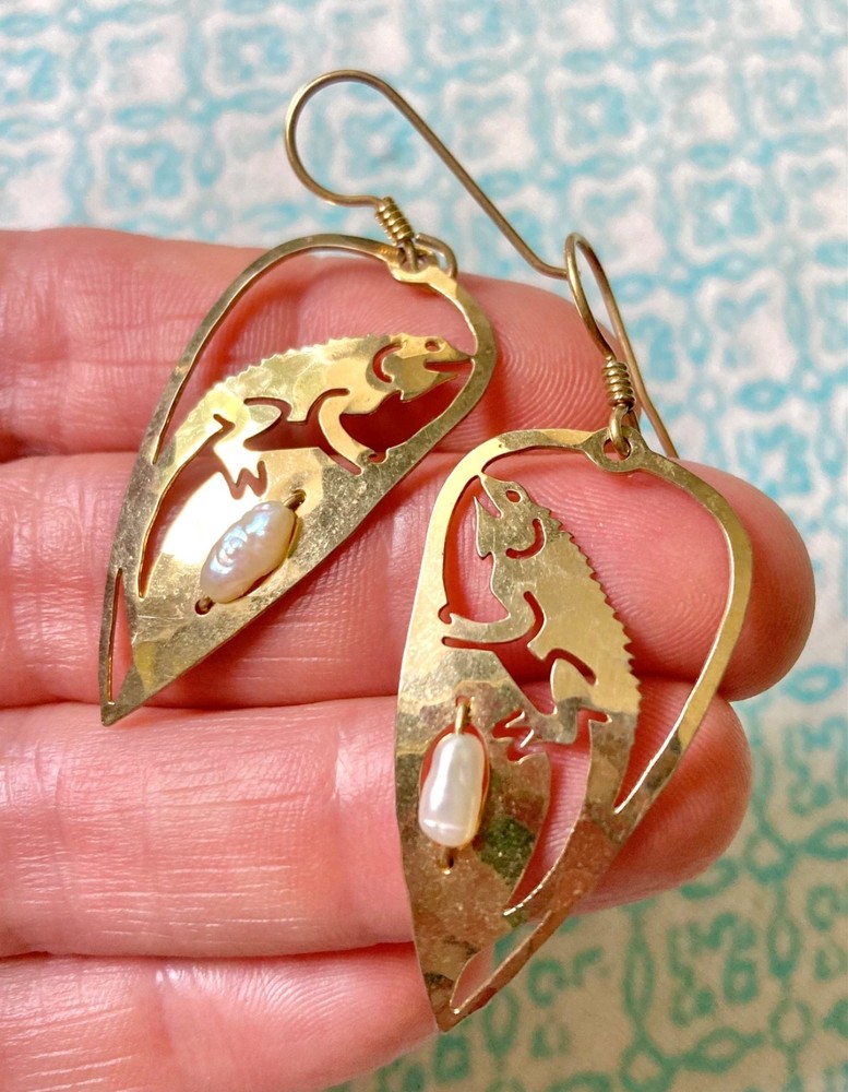 WILD BRYD EARRINGS Lizard Iguana Fresh Water Pearls SIGNED