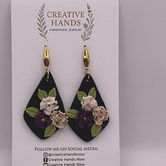 Handmade 3D Rose Floral Earrings Black Diamond Polymer Clay Gold Studs