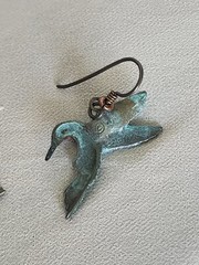 Signed Artisan Bronze Hummingbird Earrings Hand Patinated Bird Dangle Handmade