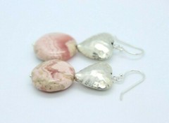 Rhodochrosite Pink 16mm Coin Gemstone 925 Sterling Silver Earrings 1 3/4″ Heart