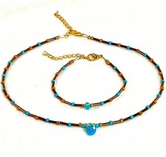 Jewelry Necklace & Bracelet Set Topaz Blue Crystals and gold beads Handmade