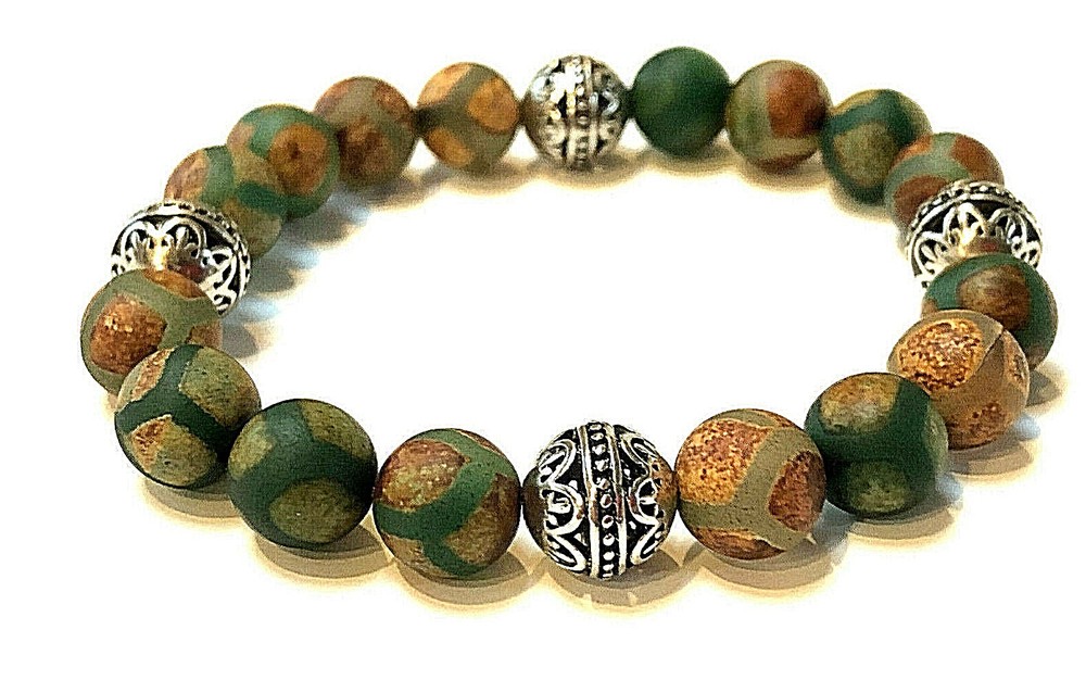 Matte Green Brown Tibetan DZI Agate & Silver Bali Bead 10mm Gemstone Bracelet