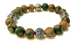 Matte Green Brown Tibetan DZI Agate & Silver Bali Bead 10mm Gemstone Bracelet