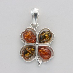 Multi-Color BALTIC AMBER Clover Pendant – Necklace – 925 STERLING SILVER #43e