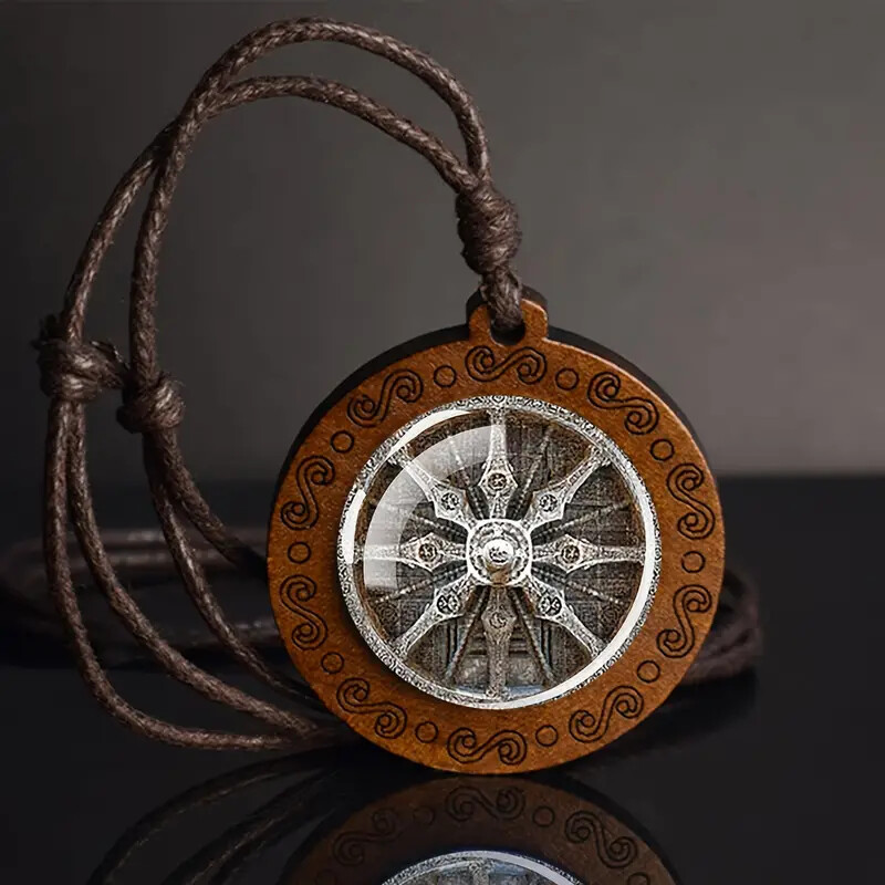 Bohemian Style Glass & Wood Pendant Necklace Spiritual Geometric Jewelry Gift