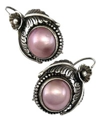 MERAV INDONESIA Sterling Silver Floral PINK PEARL Locking French Wire Earrings
