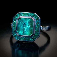 Sparkling Bluish Green Emerald Cut 3.15CT Emerald & White CZ Halo Vintage Ring