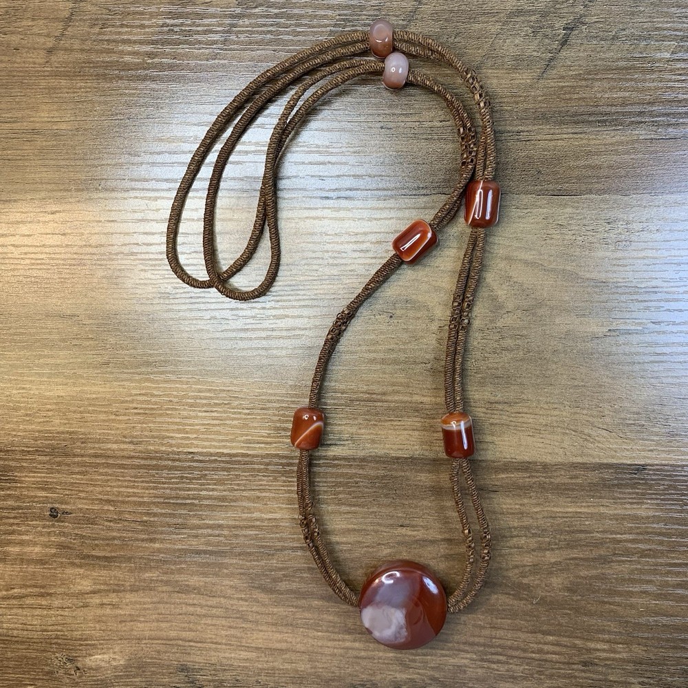 Natural Carnelian Agate Round Pendant Woven Cord Necklace With Barrel Beads