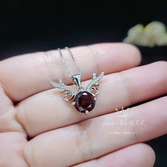 Deer Antler Garnet Necklace – Sterling Silver 8mm Round Cut 2 Ct Garnet Pendant