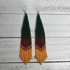 Boho Seed Beaded Earrings Green Brown Orange Fringe Dangle Drop Earrings 4.75 in
