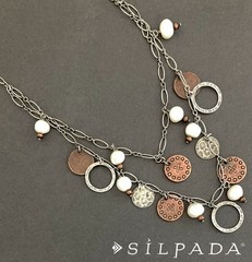 SILPADA Sterling Silver & Copper Discs FRESHWATER PEARL TWO TIER Necklace~#N1567