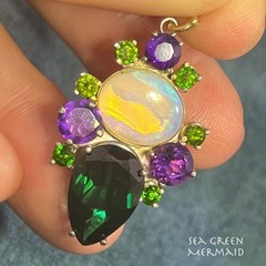 Jelly Opal, Amethyst + Chrome Diopside Silver Pendant. 1.5″ + 6g *Video*