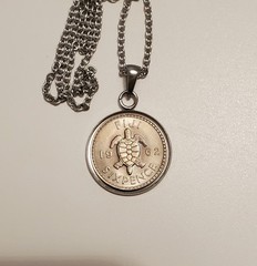 1962 Fiji Six Pence Turtle Coin Pendant, Charm, Necklace