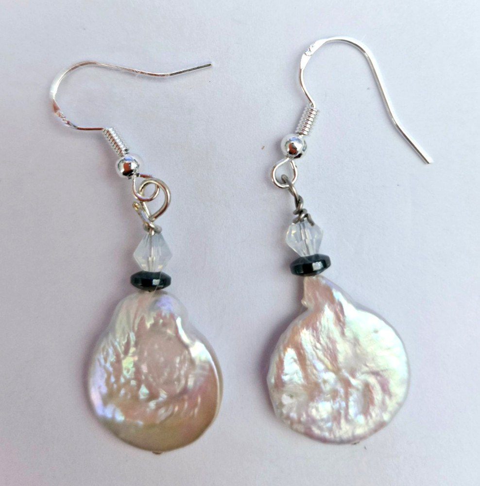 Beautiful White Natural Freshwater Coin Pearl Earrings – Free shipping in USA