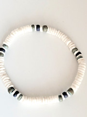Vintage Puka Shell Heshi Stretch Bracelet White, Blue & Green Heshi Beads 10mm