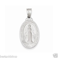 3D Small Oval Miraculous Medal Charm Pendant Solid Real 14K White Gold