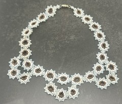 Handmade Flower Beaded White Brown Gray Glass Seed Bead 14″ Bib Necklace Vintage