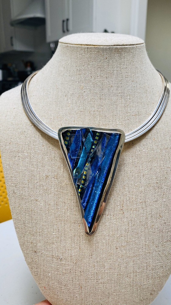 Artisan Art Glass pendant W/ Heavy Choker Sterling Silver Necklace 106g