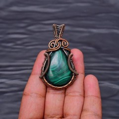 Malachite Gemstone copper wire wrapped Handmade pendant Jewelry 2.08″