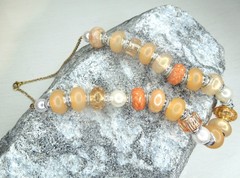 Beige and brown Murano style glass bead necklace with gold plate chain handmade