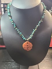 Handmade Stabilized Turquoise Chip Necklace w/ Carved Orange Stone Pendant 16”