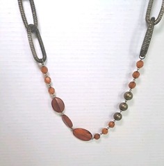 Amber Glass Faux Beaded Pewter Fashion Necklace 38″ Long Statement Jewelry Boho