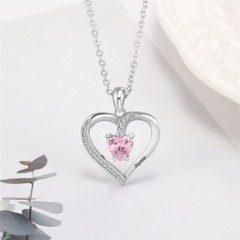 Custom Heart Cut Stone and Engraved Name Heart Pendant Necklace Stainless Steel