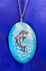 Dolphin Hand Painted original carved Gourd Shell necklace. Ann Hedberg art