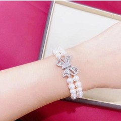 2-Row Pearl AAAA 7-8mm Natural Japanese Round WhitePearl Bracelet 925s7.5-8 inch
