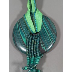 Faux Malachite Pendant Necklace Green Tassel Ribbon Tie Adjustable