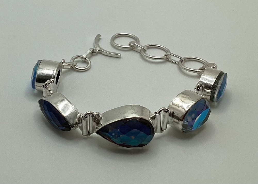 Handcrafted Mystic Topaz Simulant Sterling Silver Bracelet 7.5”