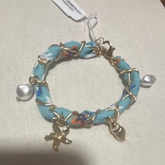 Fabric and Gold Dangle Charm Bracelet, Blue Beaded, Beach Theme, Women
