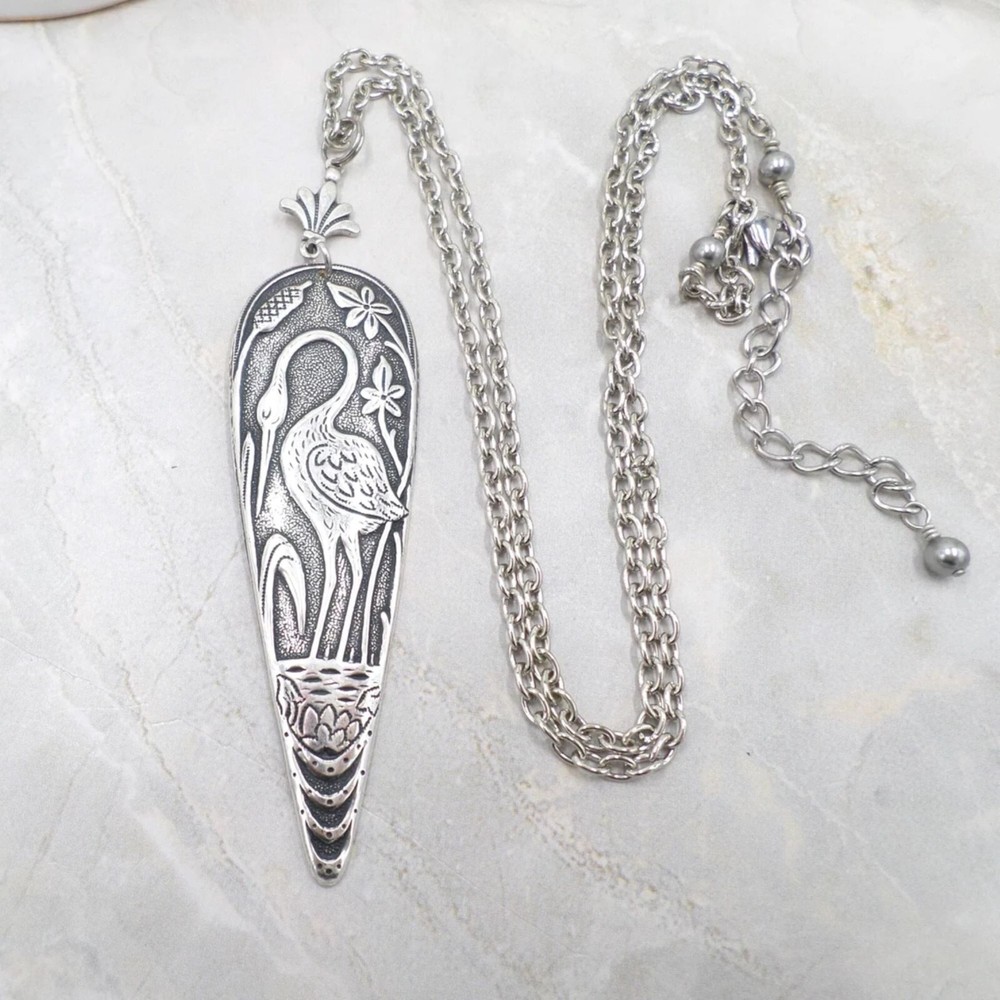 Antique Silver Plated Heron Crane Pendant Necklace, Art Nouveau Bird Lover Gift