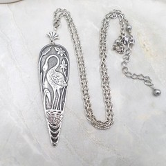 Antique Silver Plated Heron Crane Pendant Necklace, Art Nouveau Bird Lover Gift