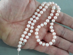 STERLING SILVER 925 PINK 6.5mm ❤️ FRESHWATER PEARL 17″ NECKLACE HAND KNOTTED VTG