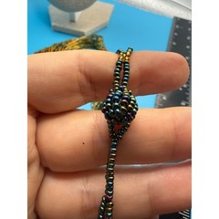 Multi Strand Seed Bead Statement Necklace Green Gold Iridescent Woven Boho 22″