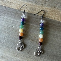 Handcrafted Chakra Gemstone Beaded Dangle Hook Earrings w/ Om Charm, Silver