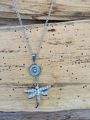 Dragonfly Bullet Necklace with Nickel 45 Auto Bullet Casing. Optional Crystal.