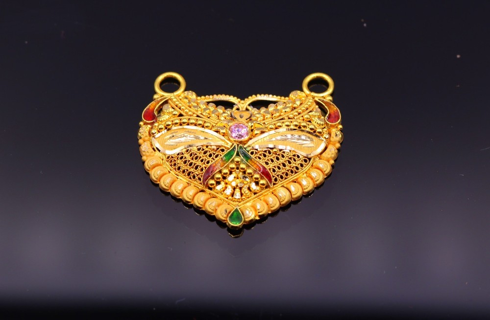 22K GOLD FILIGREE WORK ENAMEL CUBIC ZIRCON STONE PENDANT TRADITIONAL NECKLACE
