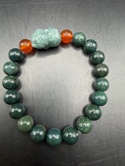 Moss Agate and Carnelian Beaded Bracelet with Blue Water Jade Lucky Cat Charm