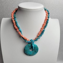 Turquoise, Spiny Oyster & Sterling Silver Beaded Necklace w/Disc Pendant 15-17″