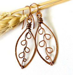 Fall Leaf Dangle Earrings Copper Wire Wrapped Nature Bohemian Jewelry