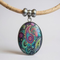 Silver Tile Paisley Cork Necklace Choker Azulejo Portugal Lisbon Boho Majolica