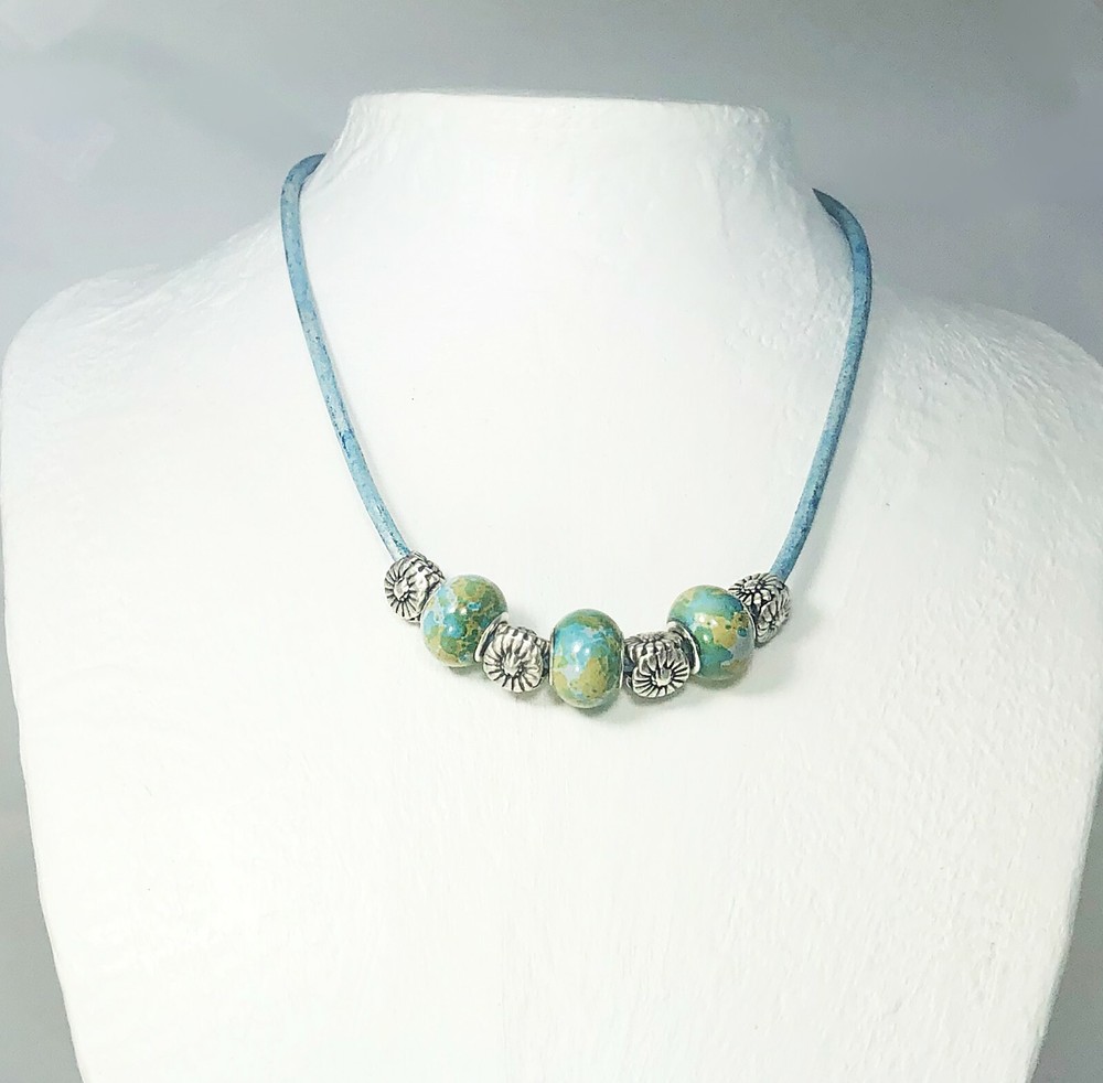 Summer Choker with Cornflower Blue Leather Cord and Lampwork Beads