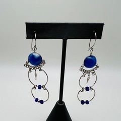 Blue Swirl Glass Silver Tone Hoop Dangle Drop Earrings Boho Artisan Jewelry