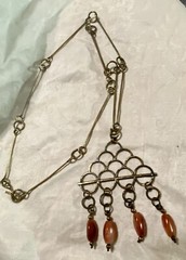Mid Cent Modernist Brass 34” Adj Link Chain W Geometric Pendant W Agate Tassels