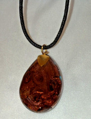 Handmade Artisan Fused Glass Teardrop 16″ Necklace Gold Pink Blue w/ Black Cord