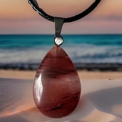 Cherry Quartz Drop Cabachon Silver Tone Necklace Adjustable Cord Jewelry Gift