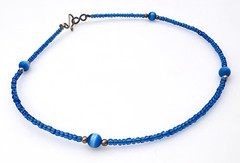 Blue Glass Seed Bead Cat’s Eye Anklet Ankle Bracelet Sterling Silver Clasp 10 in