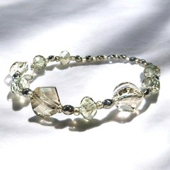 Handmade Smoky Gray & Clear Faceted Crystal Glass Beaded Stretch Bracelet